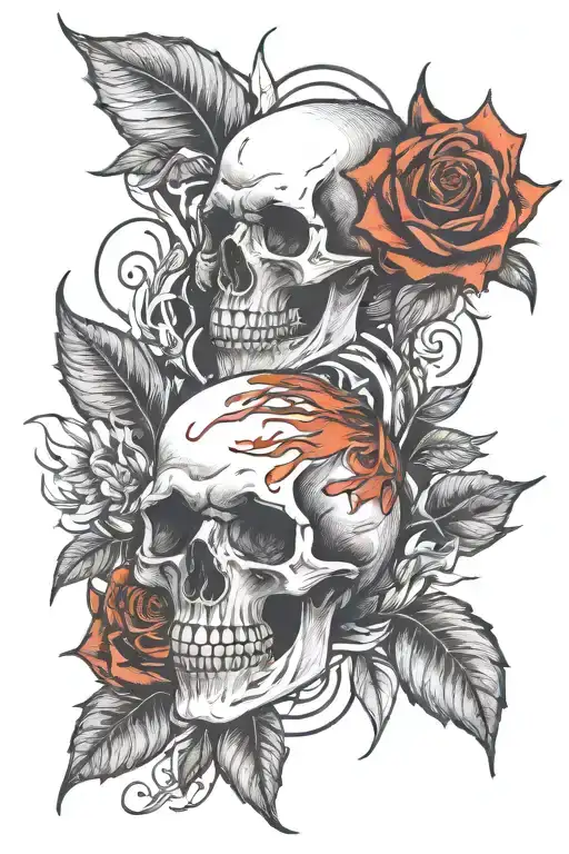 flame, roses, skull tattoo design idea