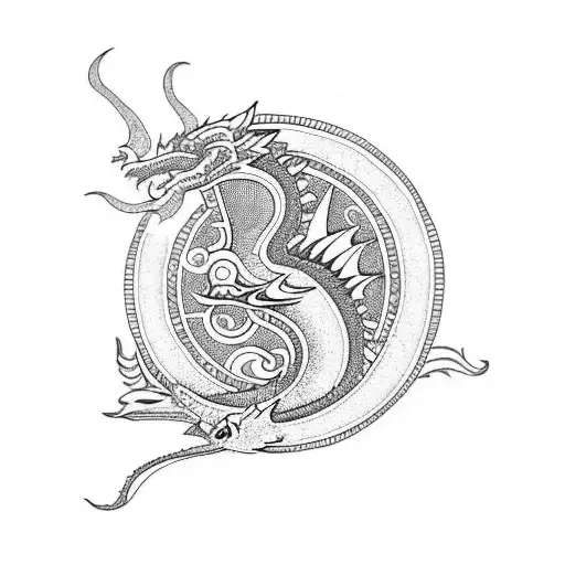 Mayan Dragon with lotus flowers next to a phoenix  tattoo design idea