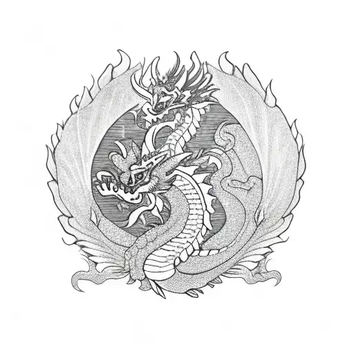 Mayan Dragon with lotus flowers next to a phoenix  tattoo design idea