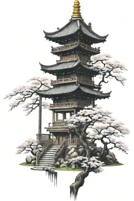 japanese pagoda with cherry blossom tree samurai warrior tattoo design idea
