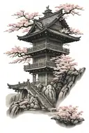 japanese pagoda with cherry blossom tree samurai standing tattoo design idea