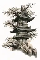 japanese pagoda with cherry blossom tree samurai standing tattoo design idea