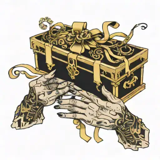 Black casket empty hands sticking ribbon in gold with Buried Alive  tattoo design idea
