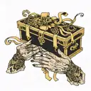 Black casket empty hands sticking ribbon in gold with Buried Alive  tattoo design idea