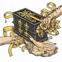 Black casket empty hands sticking ribbon in gold with Buried Alive  tattoo design idea