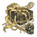 Black casket empty hands sticking ribbon in gold with Buried Alive  tattoo design idea