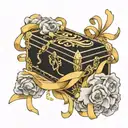 Black casket empty hands sticking ribbon in gold with Buried Alive  tattoo design idea