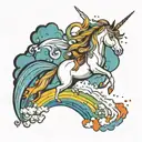 A unicorn jumping over a rainbow waterfall tattoo design idea