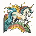 A unicorn jumping over a rainbow waterfall tattoo design idea