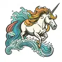 A unicorn jumping over a rainbow waterfall tattoo design idea