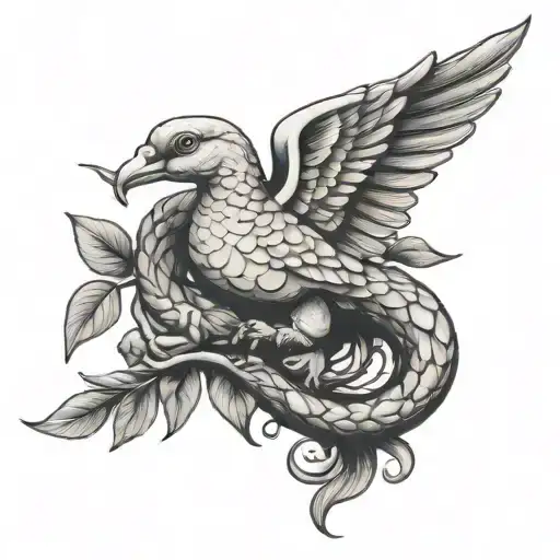 Serpent and dove carrying an olive branch tattoo design idea