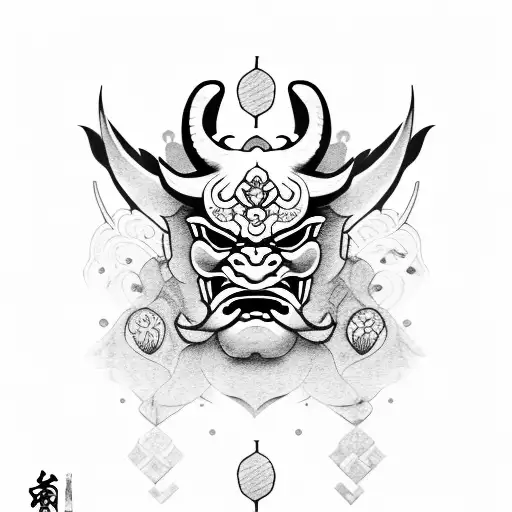 oni mask with cherry blossom tattoo design idea