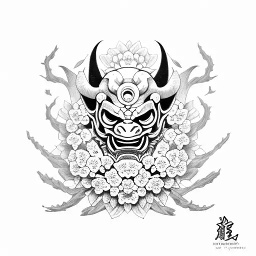 oni mask with cherry blossom tattoo design idea