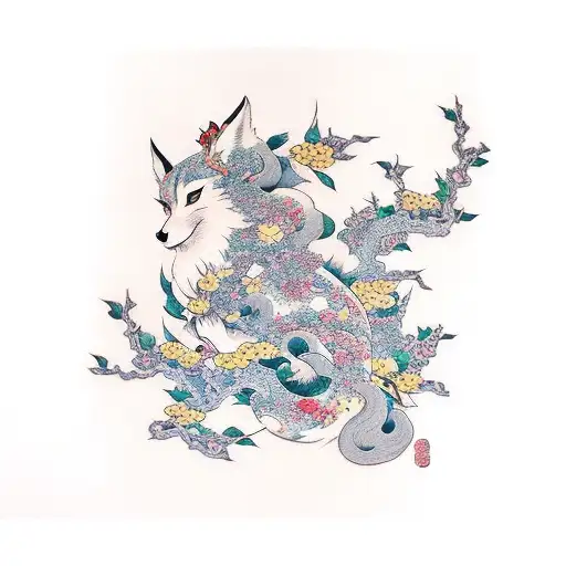 kitsune with cherre blossom tree tattoo design idea