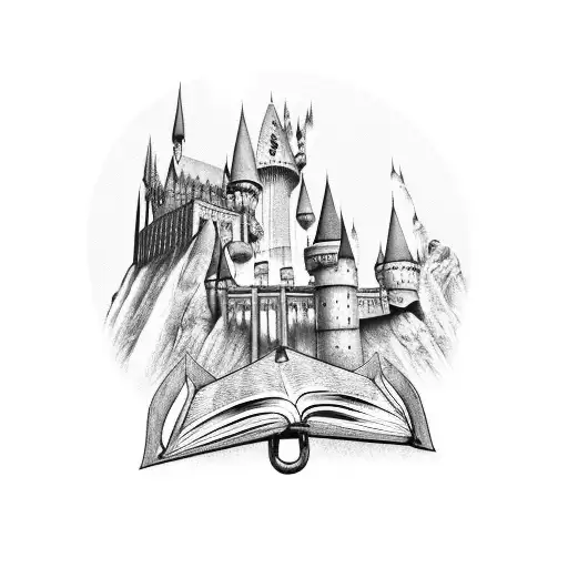 hogwarts castle in a open book tattoo design idea