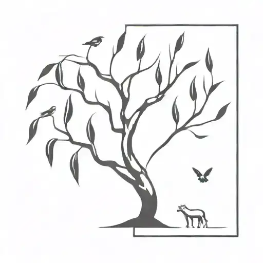 A minimalist tattoo design featuring a willow tree with various animals hidden within the branches tattoo design idea