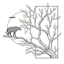 A minimalist tattoo design featuring a willow tree with various animals hidden within the branches tattoo design idea