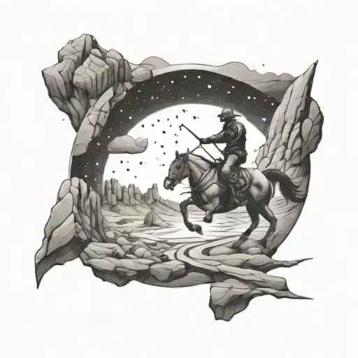 A surreal scene of a biker riding through a desert landscape with rock formations shaped like Taurus constellation in the sky tattoo design idea