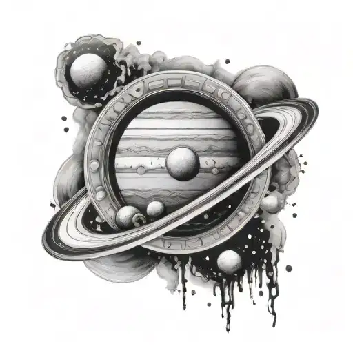 A black-grey tattoo of Jupiter surrounded by its moons tattoo design idea