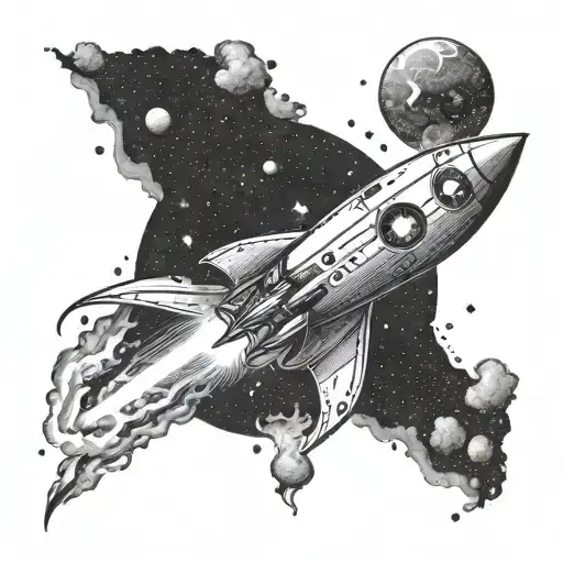 A dotwork design of a rocket ship flying through a black hole tattoo design idea
