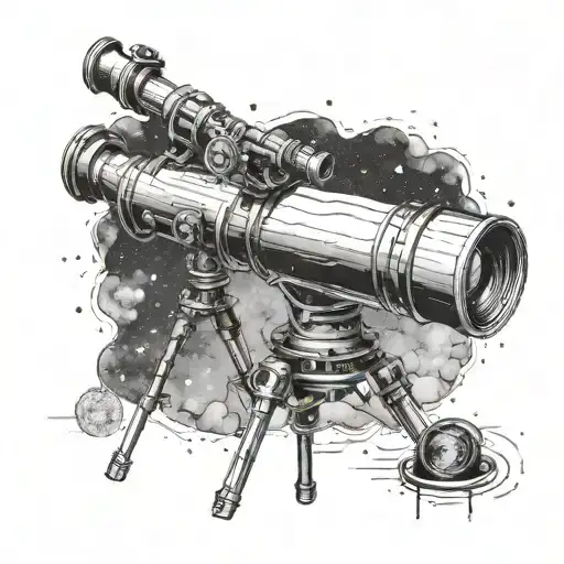 A detailed blackwork tattoo of a telescope pointing towards a galaxy tattoo design idea