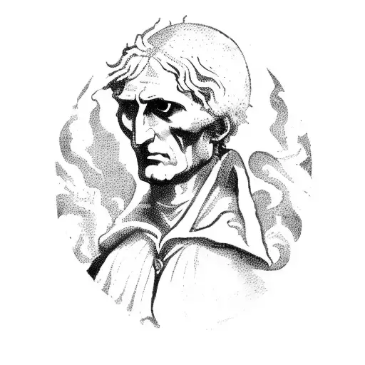 A silhouette of Dante Alighieri holding a globe with mythological creatures tattoo design idea