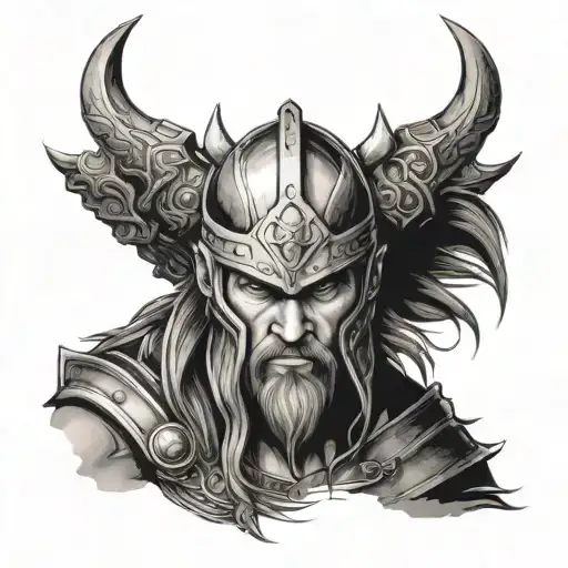 A tattoo design combining elements of a Viking warrior and Final Fantasy character in a black-grey style tattoo design idea