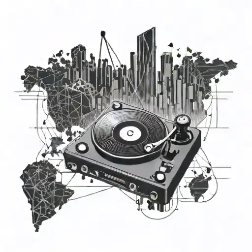 A geometric DJ turntable blending into a world map, symbolizing the client's love for music and traveling tattoo design idea