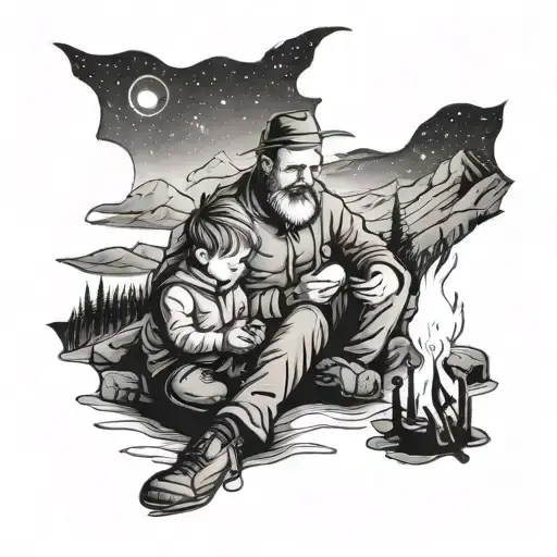 A tranquil scene of a father and child sitting by a campfire in the mountains, with the night sky filled with shooting stars tattoo design idea