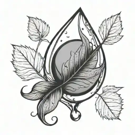 A black and grey tattoo of a water droplet with a hidden weed leaf inside tattoo design idea