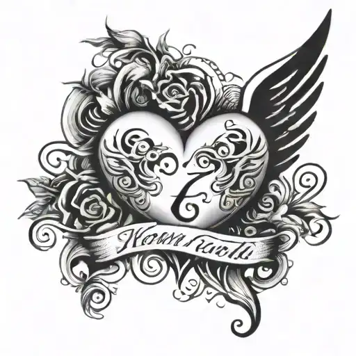 heart with an L as part of its composition and that same L has a very striking font style and angel wings around  tattoo design idea