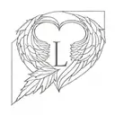 heart with an L as part of its composition and that same L has a very striking font style and angel wings around tattoo design idea