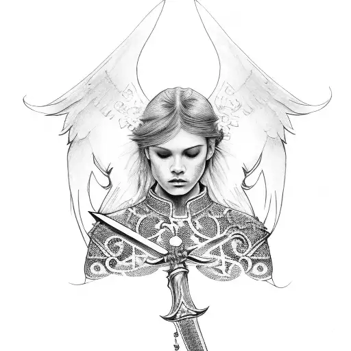 arch angel Michael with sword and roses tattoo design idea