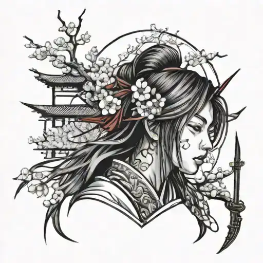 japan girl,samurai, sakura tree tattoo design idea