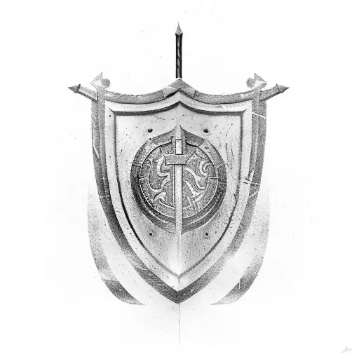  A medieval shield, with Mjolnir and a Norse axe crossed over on the shield face. On the same shield face, its head prot tattoo design idea