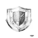  A medieval shield, with Mjolnir and a Norse axe crossed over on the shield face. On the same shield face, its head prot tattoo design idea