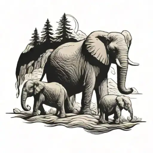 An elephant family walking through a mountain range, symbolizing the client's love for both elephants and mountains tattoo design idea