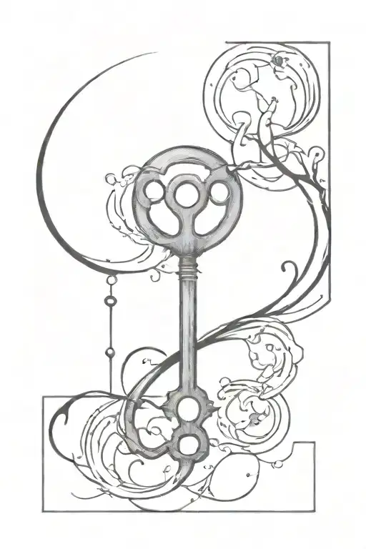 old key with fire coming from its top + triple moon symbol in a straight line tattoo design idea