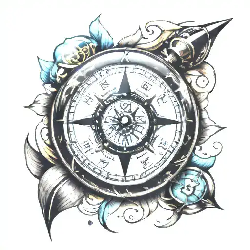 compass with clock tattoo design idea