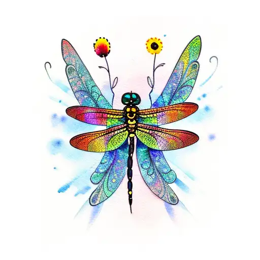 Watercolor dragonfly with intricate black striped wings surrounded by colorful flowers tattoo design idea