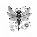 Watercolor dragonfly with intricate black striped wings surrounded by colorful flowers tattoo design idea