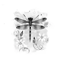 Watercolor dragonfly with intricate black striped wings surrounded by colorful flowers tattoo design idea
