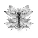 Watercolor dragonfly with intricate black striped wings surrounded by colorful flowers tattoo design idea