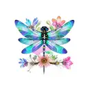 Watercolor dragonfly with intricate black striped wings surrounded by colorful flowers tattoo design idea