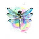 Watercolor dragonfly with intricate black striped wings surrounded by colorful flowers tattoo design idea