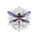 Watercolor dragonfly with intricate black striped wings surrounded by colorful flowers tattoo design idea