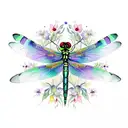 Watercolor dragonfly with intricate black striped wings surrounded by colorful flowers tattoo design idea