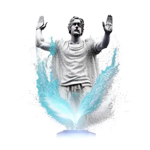 statue of a man saluting in the middle of a fountain who has a blue bird on his shoulder tattoo design idea