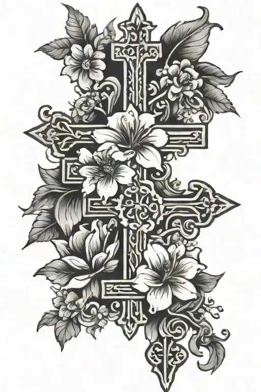 Flower Cross connected to “blessed and highly favored” on spine  tattoo design idea