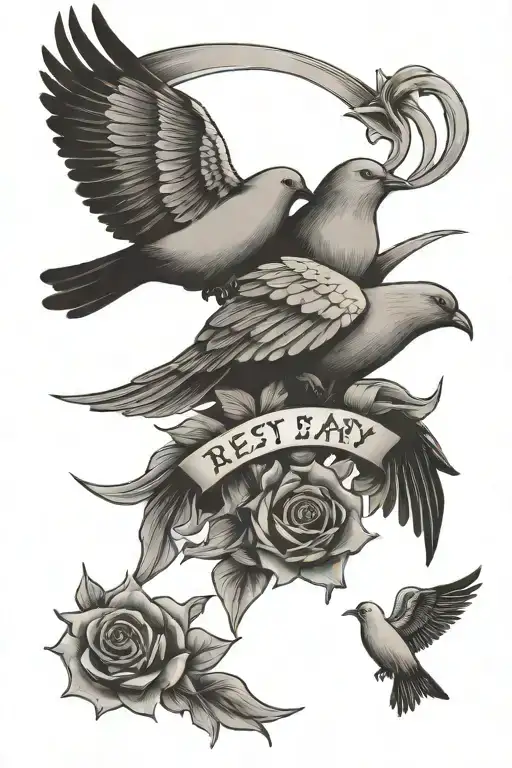 the words "rest easy partner" with sun rays and small doves around  tattoo design idea